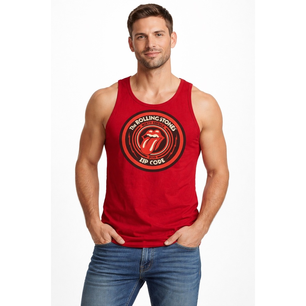 Rolling Stones 2015 Zip Code Tour Tank Top Mens Medium Red Graphic Rock Band Tee